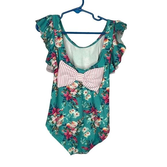 Ruffle Butts Girls Teal Fancy Me Floral Ruffle Bow One Piece Swimsuit Size 6 - Picture 3 of 9